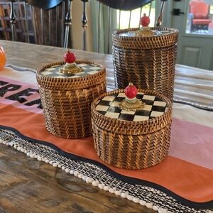 RARE - RETIRED Mackenzie Childs Rattan Set of 3 Canisters